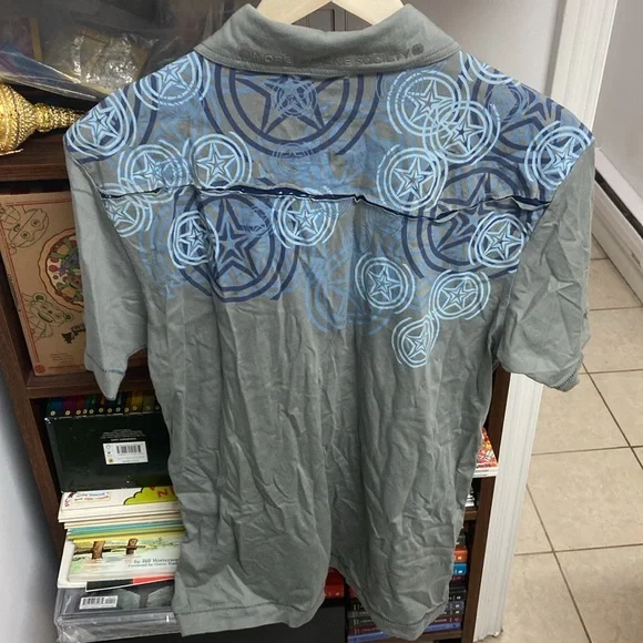 Vintage Bauhaus Gray and Blue Polo Shirt with Ornamental Motifs - Picture 2 of 7